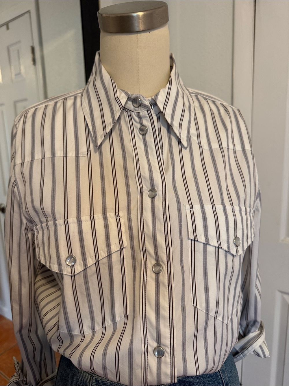 Madewell Cream and Gray Vertical Stripe Button-Down Shirt